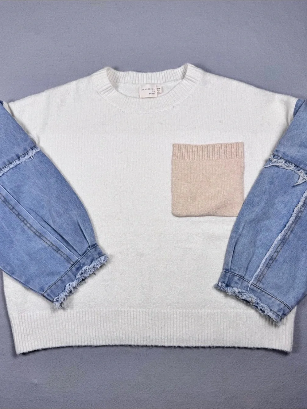 Dreamers Cream Knit Crewneck Sweater with jeans sleeves and Beige Pocket Accent